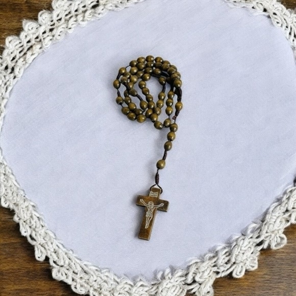 Catholic Wood Rosary Brown Beaded INRI Crucifix Prayer Necklace 17" Handmade